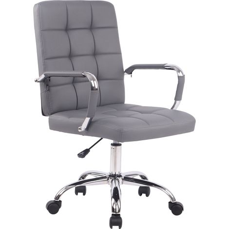 Chaise de bureau sur roulettes coutures décoratives carrées accoudoirs en PVC gris et métal chromé 100002464 (1/5)