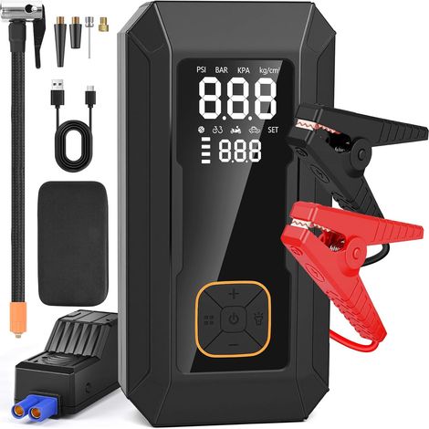 Booster Batterie avec Compresseur,Démarreur Batterie Voiture, 150PSI Gonfleur de Pneus,8000mAH Gonfleur Pneus Voiture,Tout Gaz ou 8.0L Diesel, Écran LCD, Eclairage de Secours, Banque d'alimentation (1/5)