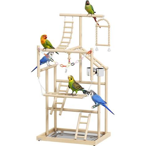 Aire de jeux pour oiseaux, terrain de jeu pour perroquet, échelles, jouet à chaîne, plateau, 48x38x95cm, bois naturel (1/5)