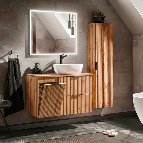 Ensemble meuble simple vasque 100cm panier à linge et colonne Adriel Bois (1/5)