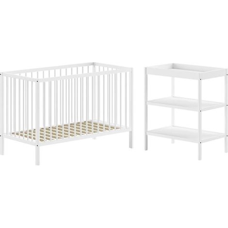 ELIOTT - Ensemble Lit Bébé Evolutif + Table à Langer en Hêtre Massif Laqué Blanc
