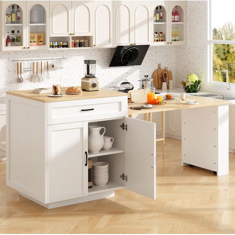 Isla de cocina extensible 202x70x93,5 cm MDF blanco, almacenamiento integrado – MEUBLIV (1/5)