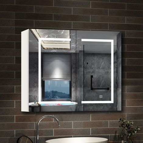 AICA Armoire murale de salle de bain LED, 80x70cm avec Prise Rasoir, Anti-Buée, Tricolore LED, 2 Étagères Réglables, Blanc (1/5)