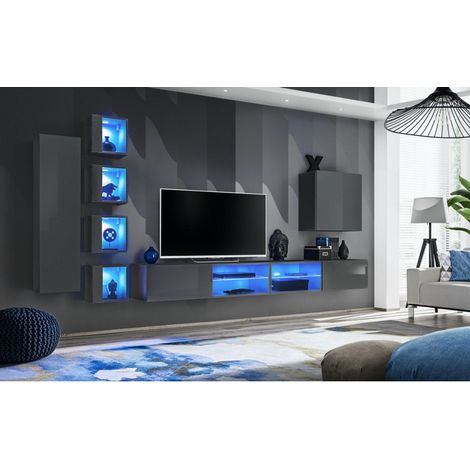 Ensemble meuble TV mural Switch XXVI - L 320 x P 40 x H 150 cm - Gris - Livraison gratuite