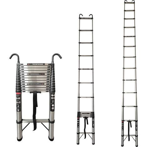 Échelle télescopique 5m / 16.5 FT échelle D'extension en acier inoxydable avec barre stabilisatrice crochet amovible, échelle de Loft extensible polyvalente échelle pliante portable, 15 étapes, charge