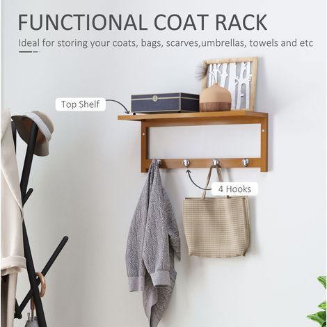 FLITI Natural Wood Wall-Mounted Coat Rack with 4 Metal Hooks and Storage Shelf for Clothes, Hats, Towels, 50x16x17.5cm (1/5)