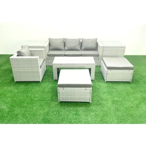 Fimous Salon de Jardin Ensemble avec Coussins gris 6 places avec 2 Grand tabourets et Table basse,2 Tables d'appoint (1/5)