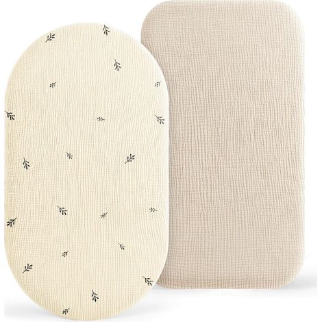 Set of 2 Co-Sleeping Sheets for Baby Bed, 100% Cotton Muslin Sheets Covers for Pushchair, Travel Cot and Moses Basket 50 x 90 cm (Beige Leaf) (1/5)