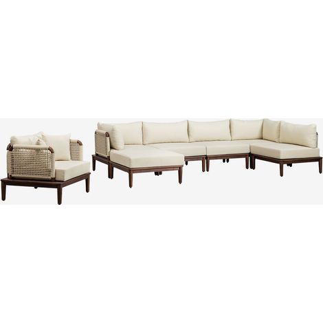 SKLUM Gartenmöbel-Set mit 5-teiliger modularer Ecksofa mit Pouf und Sessel aus Akazienholz Giulia Creme-Beige                                  