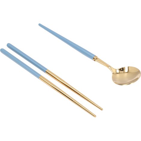 Edelstahl-Besteckset, wiederverwendbares Besteckset, Aufbewahrungsbox für Studentenbesteck, Reisebesteck, Gabel, Löffel, Essstäbchen, Blau-Gold (1/5)