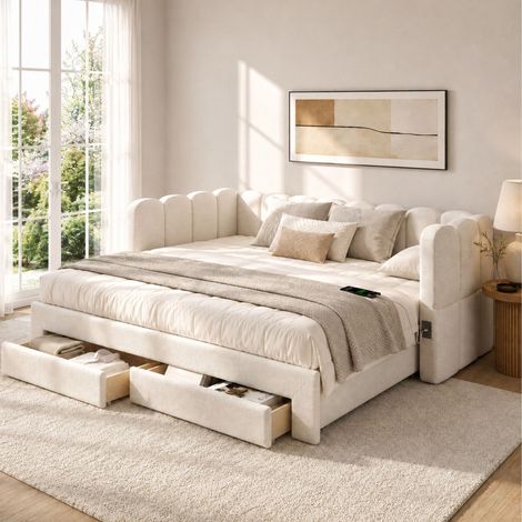 Lit rembourré 90x190 cm, canapé-lit avec 2 tiroirs de rangement, Lit simple a extensible jusqu'à 180 cm, lit de jour avec port USB (1/5)