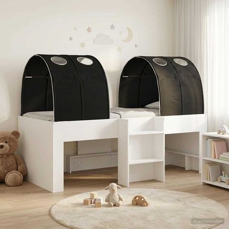 Lit enfant surélevé avec tunnel, bois d’ingénierie, blanc et noir, 3 pièces - PANGIVO (1/5)