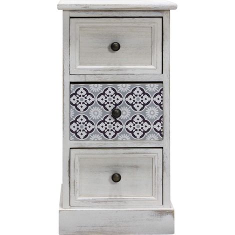 Rebecca Mobili Table de Chevet 3 Tiroirs,Petite Commode en Bois MDF, Blanc GrisShabby 59.5x30x25 cm (1/5)