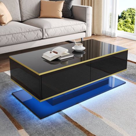 Table basse LED 100 x 50 x 40 cm, avec 3 tiroirs, rangement intégré et éclairage USB, panneaux de particules, finitions dorées, design moderne, noir (1/5)