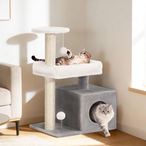 Arbre à Chat, Tour pour Chat 75 cm, Tour à Plusieurs Niveaux avec 2 Poteaux à Griffer en Sisal, Niche Confortable, Plate-Forme de Repos, Perchoir d'Observation, Pompons, Gris Clair et Blanc