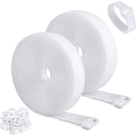 rollos de bridas negras ajustables y reutilizables de 5 metros con 50 hebillas y cierre de velcro para la organización de cables，blanco，2 cm，5 m (1/2)