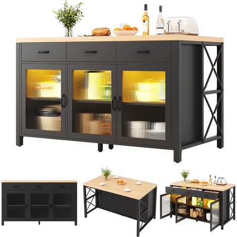 Îlot de cuisine avec 3 tiroirs et portes vitrées, design industriel, 150x80x90cm, éclairage, pieds réglables, noir/naturel (1/5)
