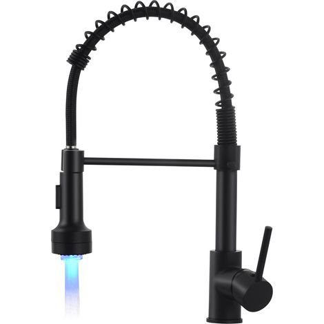 Robinet de Cuisine, Mitigeur Évier à Ressort Extensible, 360° Rotatif, 2 Pulvérisations, LED Température Couleur Changeante, Noir (1/5)