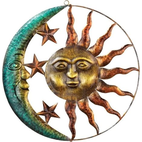 Décoration murale métal soleil lune – Fer forgé résistant aux intempéries – Installation simple avec crochet intégré – Pour intérieur et extérieur (1/5)