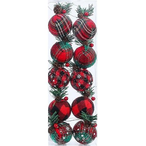 Décorations de Noël : 10 boules de Noël suspendues de 5 cm, en lin rouge et vert, recouvertes d’aiguilles de pin. Boîte à suspendre. (1/5)
