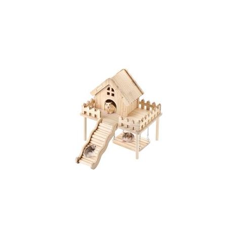 Casetta in legno per criceti con piattaforma, rampa e altalena - Set da gioco in legno naturale per criceti nani siriani, gerbilli, topi, accessori per gabbie di piccoli animali - Crezuo-Crezuo