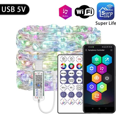 (Suplife USB SET-10m) Guirlande LED RGBIC WS2812B, fil de cuivre, adressable individuellement, pour fêtes, mariages, décorations lumineuses de Noël, 5 V/12 V CC (1/5)