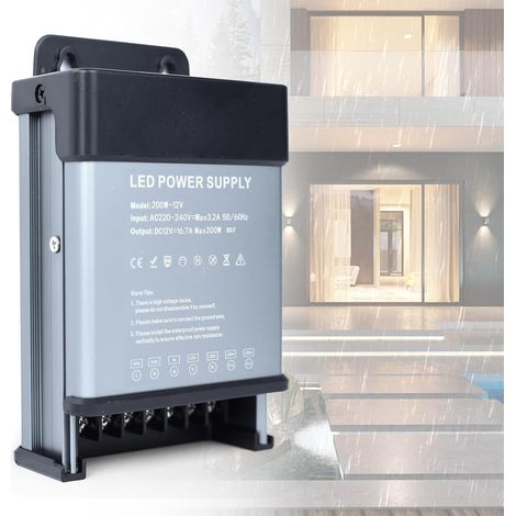 Transformateur LED 220V 12V Ultra Fin LED Driver Alimentation 12V 16,7A 200W Imperméable IP44 LED Transfo Convertisseur Alimentation de Tension AC à DC Adaptateur Transfo pour LED Exterieur (1/5)