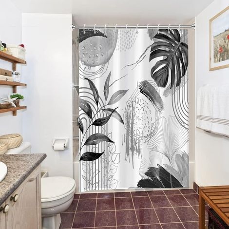 1 Rideau Douche, 150x180cm, Tissu Polyester Imperméable, Motif Feuilles Palmier, Avec 10 Crochets, Pour Salle De Bain