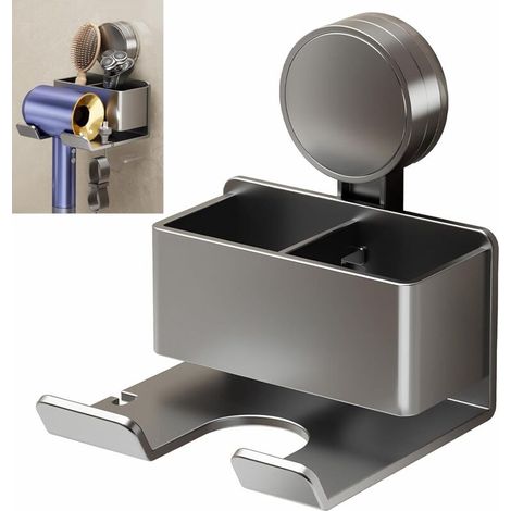 Support Sèche-Cheveux Mural, Porte Seche Cheveux sans Percage avec Rangement et Range-Câbles, Accroche Rangement Seche Cheveux pour Hôtel, Chambre à Coucher, Salle De Bain (1/5)
