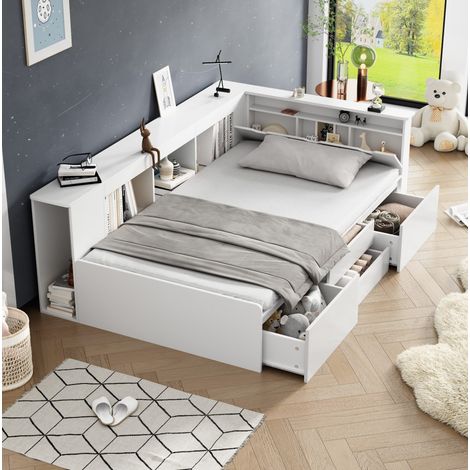 Letto per bambini moderno 90x200 cm in MDF bianco con rete a doghe, 4 cassetti, libreria laterale e armadietti contenitore (1/5)