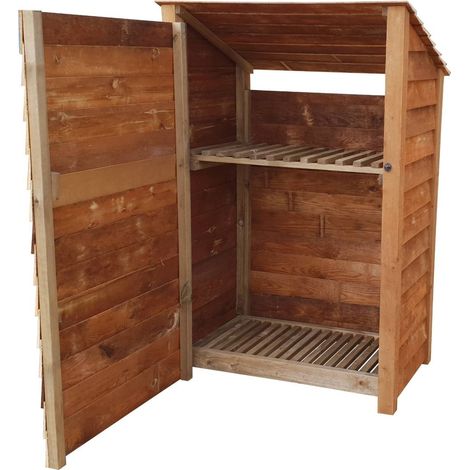 Wooden Log Store Reverse Roof, W119xH180cm (Brown finish) With doors and With Kindling Shelf