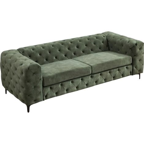 Sofá derecho VELENA de 3 plazas en terciopelo capitoné – Verde oscuro – 235 x 74 x 95 cm (1/5)