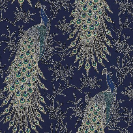 Papier peint Paon bleu marine/or Rasch 282992