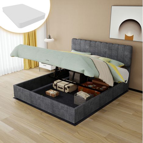 Bett modern gepolstert in Grau 160x200 cm mit hohem Kopfteil, Stoffbezug, Metallgestell und Matratze (1/5)