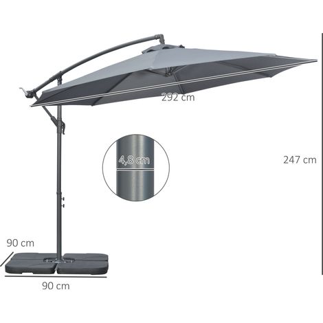 Parasol déporté Outsunny Ø 2,92 m avec manivelle, parasol de jardin avec poids et toile inclus, pied en croix en acier, coloris Oxford gris foncé (1/5)