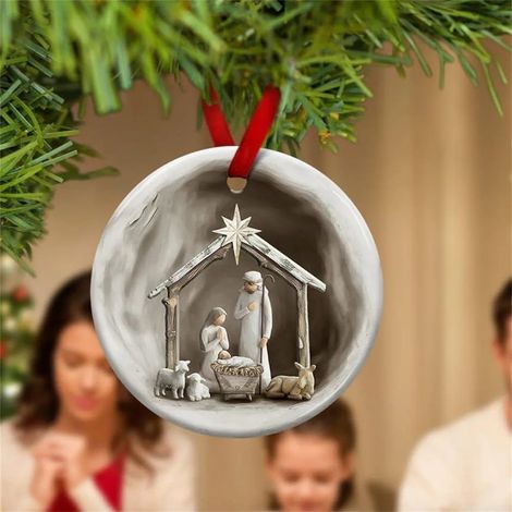 Nativity Scene Ornament - 3 Inch Round Acrylic Christmas Tree Decoration - Religious Christian Motif - Set Of 6 (1/5)