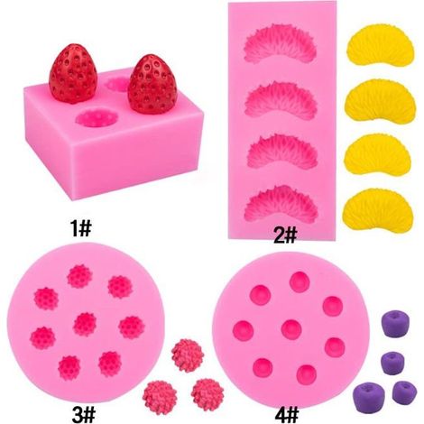 Moule Fruit 3D Silicone - Lot 4, Fraise Orange Framboise Myrtille - Gelée Résine Aucunely (1/5)