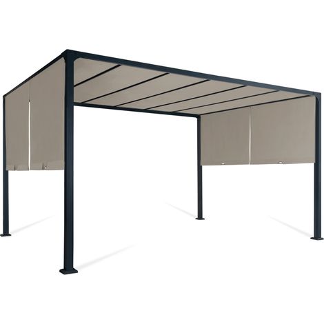 Idmarket – Pergola coulissante 2 pans 3x4 m – Structure en acier époxy gris – Toile polyester 160 gr/m² taupe – Hauteur 2,20 m pour ombrage personnalisable