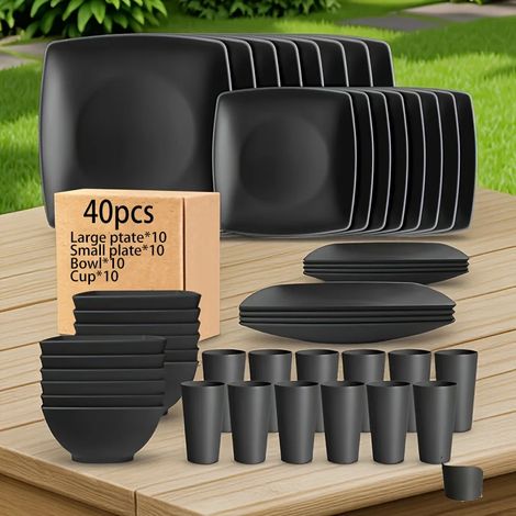 Ensemble de couverts (40 pièces) Assiettes carrées et couverts en plastique pour la cuisine (1/5)