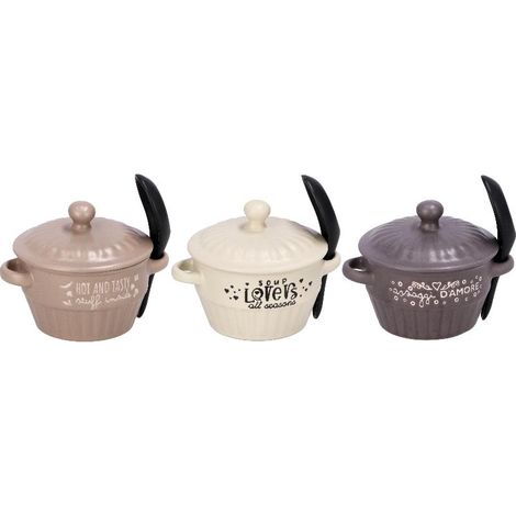 1 Pezzo Zuppiera da Portata in Ceramica con Coperchio e Cucchiaino 270 ml 3 Colori (1/2)
