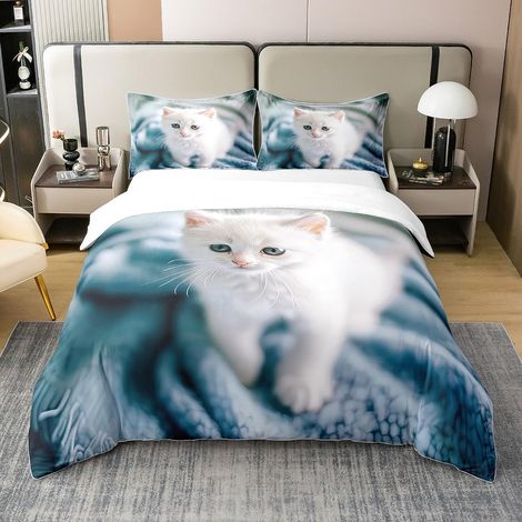 Ensemble de Literie pour Chat Coton,Mignon Chat Kawaii Respirant Parure de Lit pour Amoureux des Chats,Imprimé Animal 3D Housse de Couette 220x240 Décor de Chambre 2 Taies d'oreiller (1/5)