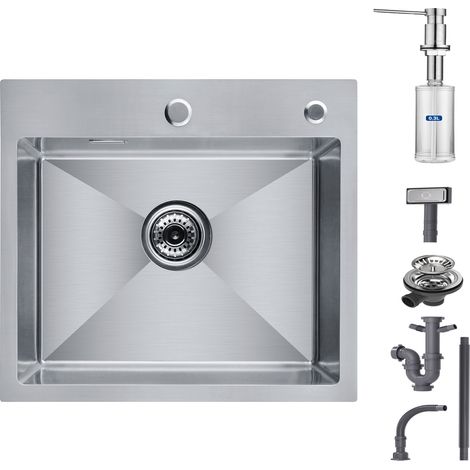 Cecipa Lavello da Cucina a Vasca Singola, Lavello da Cucina 50 x 45 x 18,5 cm, Lavello da Cucina Quadrato in Acciaio Inox Spazzolato + Dosatore di Sapone Spazzolato