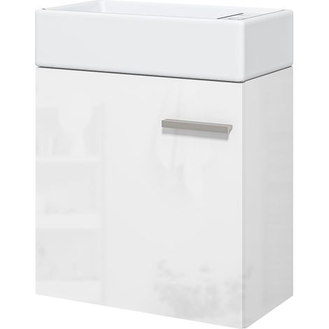 Meuble vasque de salle de bain avec lavabo suspendu, porte à fermeture amortie et placard, 40 x 23 x 50 cm, blanc brillant (1/5)