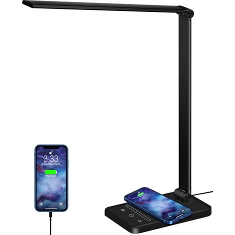 Vtizikl Lampe de Bureau avec Chargeur Sans Fil, Lampe de Bureau Dimmable 5 Modes de Couleur 6 Niveaux de Luminosité, Flexible Contrôle Tactile,Avec Port USB et Fonction Minuterie Pliable/Rotative (1/5)