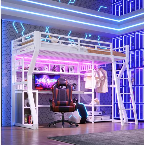 Lit mezzanine 90 x 200 cm en MDF blanc avec bureau, rangements et prise intégrée (1/5)