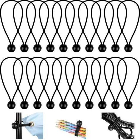 Lot de 20 tendeurs élastiques, tendeurs élastiques flexibles de 150 mm, tendeurs élastiques à boule, cordons élastiques durables, pour bannières, bâches, camping, tentes (noir) (1/4)