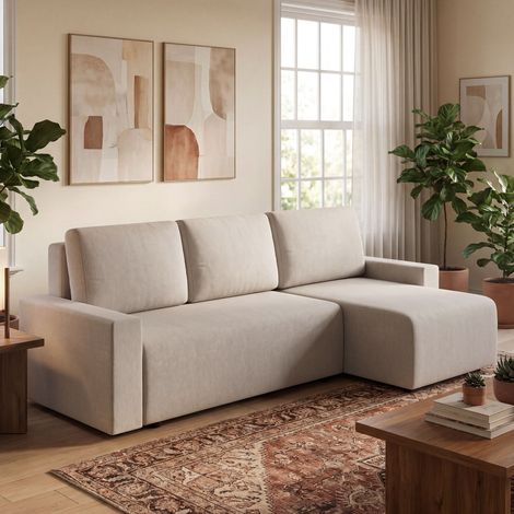 Ecksofa mit Schlaffunktion und umkehrbarer Chaiselongue, L-förmiges 3-Sitzer Sofa aus Veloursbezug, Beige