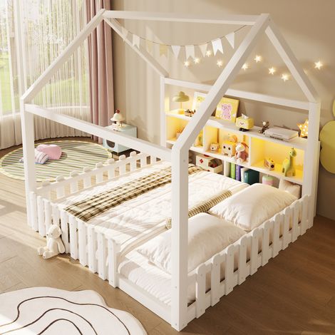 Lit enfant 140x 190cm avec LED,barrière de sécurité,compartiments de rangement ouverts,lit cabane enfants en pin,cadre de lit 140 x 190,blanc (1/5)
