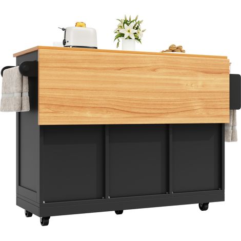 Îlot de cuisine mobile avec plan de travail rabattable, chariot de service noir en MDF, 2 tiroirs, portes à panneaux réglables, porte-serviettes et roulettes freinées - CHICFURN (1/5)