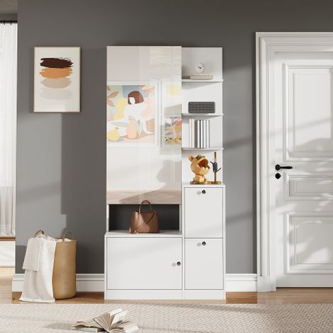 Armoire haute avec miroir et meuble à chaussures, meuble d'entrée, portemanteau d'entrée, armoire de rangement à deux portes, vitrine avec 5 étagères.
